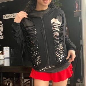 ❌ SOLD Hot Topic Black Distressed Hole Details Zip Front Hoodie Jacket Unisex